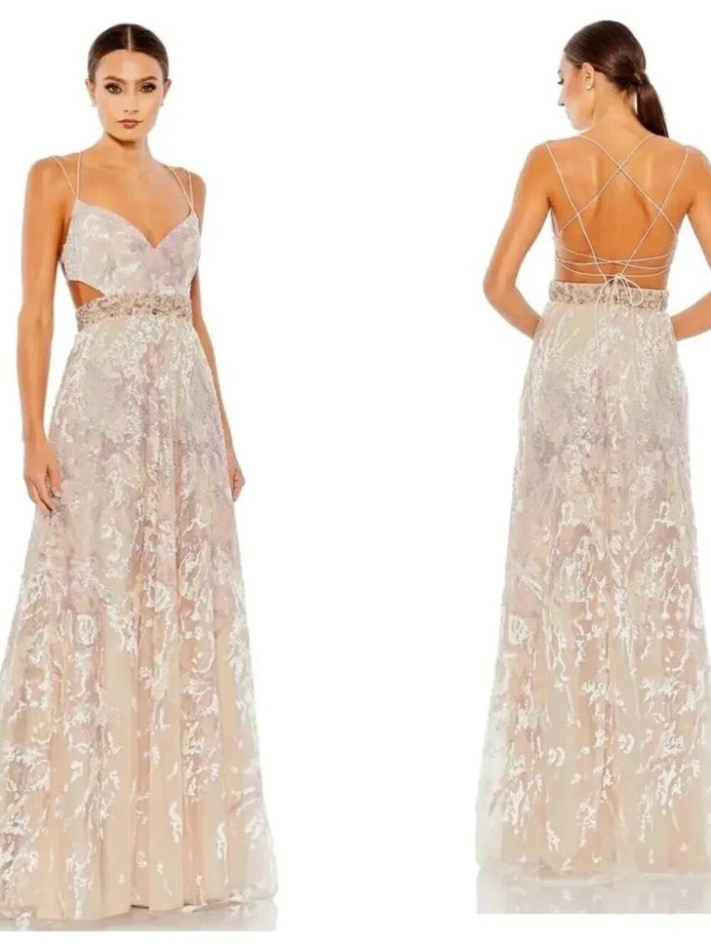 Mac Duggal Oyster Sequin Beaded Strappy Back Tule Gown